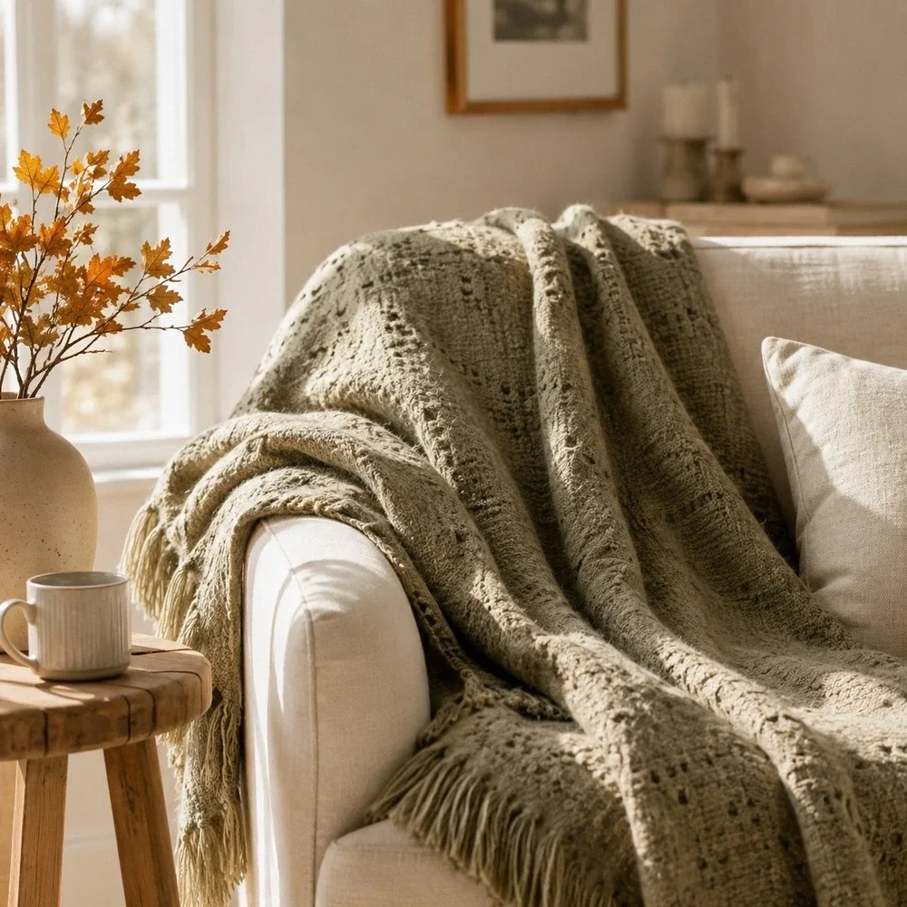 Hearth & Hand Magnolia Woven Grid Throw Blanket Olive Green Fringed 50x60 NEW